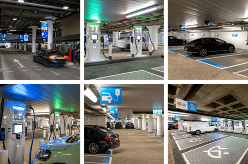 It shows the new electric charging facilities of Q-Park