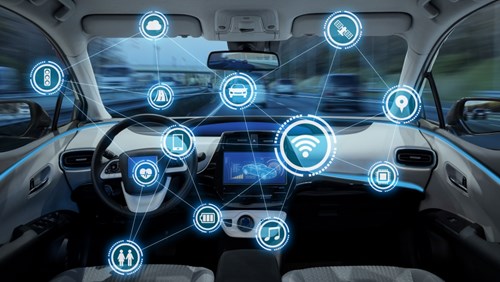 Inside of car, overlay on dashboard depicts connection with other devices