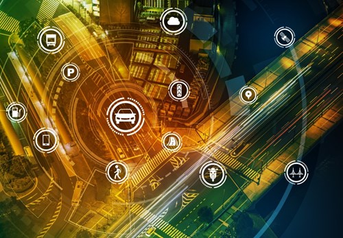Stock image show map of city with icons depicting parking and connected devices