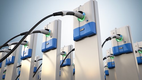 2 rows of white ev chargers with blue sockets