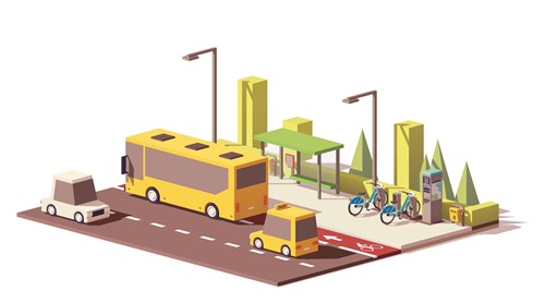 Illustration of a mobility hub with bus stop, bike parking and car parking