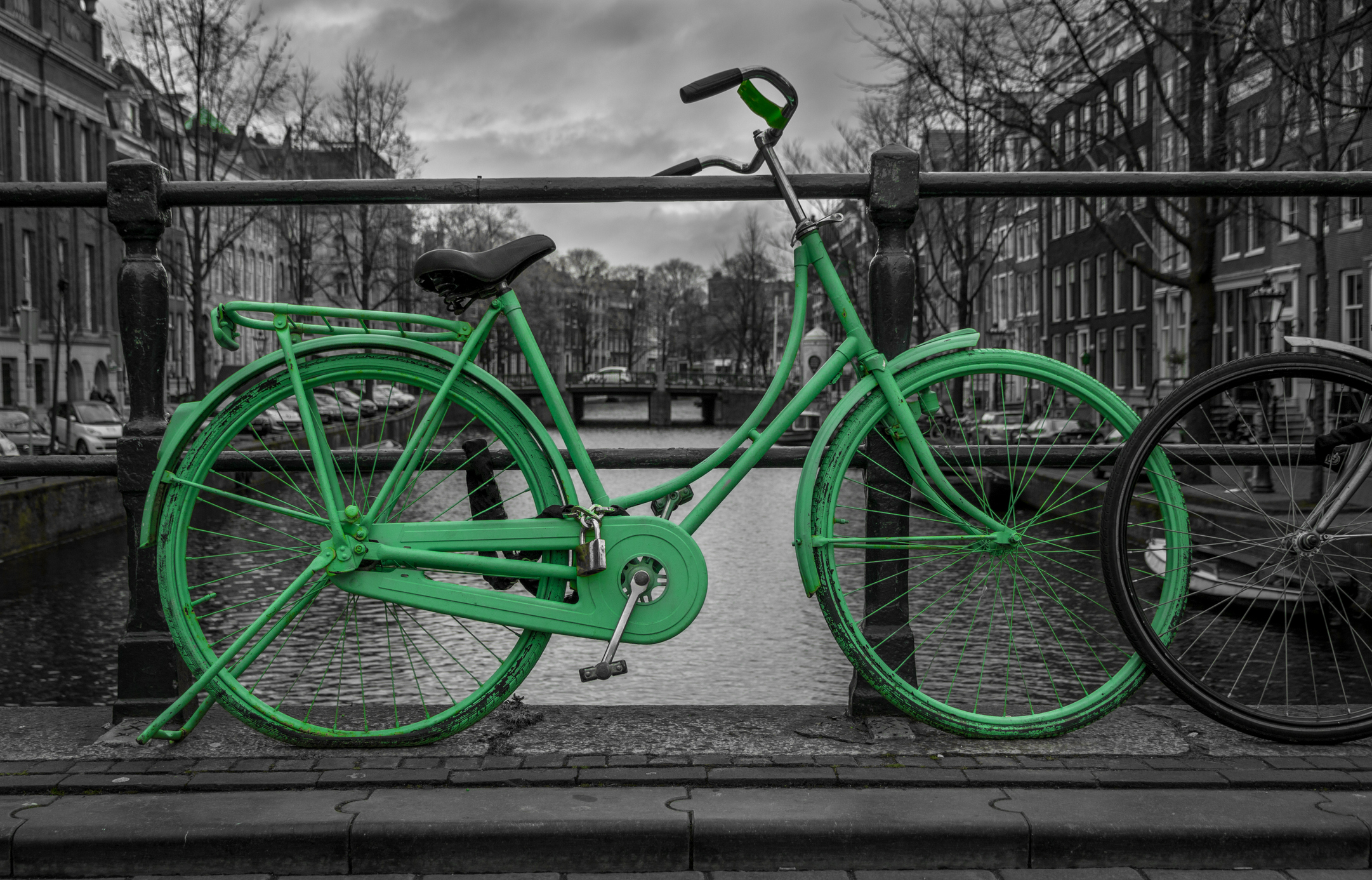 Green bicycle against dark background