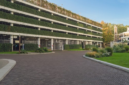 A parking garage with greenery growing on all levels