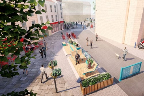 Artist's impression of a sidewalk featuring a parklet with sun lounger seating and planting