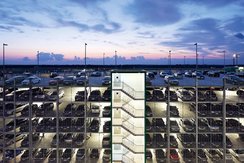 Multi-story parking garage at dusk