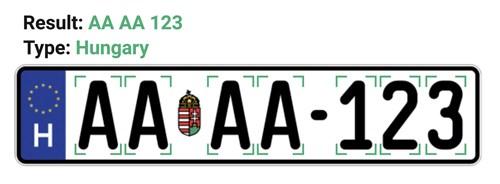 The end results: the license plate image, the plate’s characters, and the nationality (type). License plate image courtesy of the Hungarian Gazette (Magyar Közlöny)