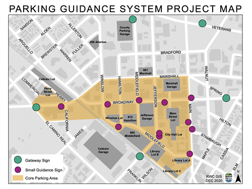 Map of Redwood showing where parking guidance signs will be located
