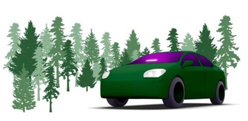Illustration of green car with forest in background