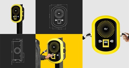 Collage of photographs of a black and yellow EV charging socket