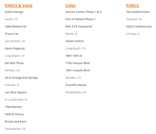 Latest PARCS and Valet Install Locations