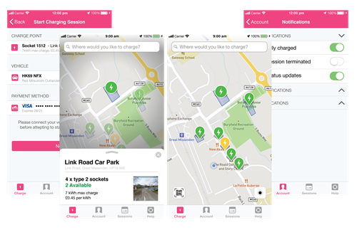 Users can pay for both parking and EV charging through the Flowbird app. Flowbird app screenshots showing maps with carparks
