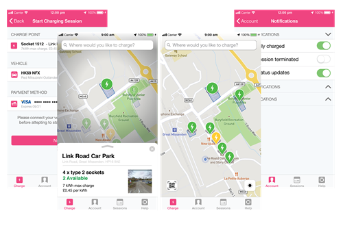 Flowbird app screenshots showing maps with carparks