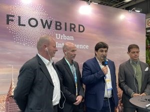 From left to right: Etienne de Vanssay – President FIMEA / Pascal Kaluzny – President TERA Group / Jérome Stefanello – Director Mobility Services FLOWBIRD & Moderator of the round table / Bertrand Barthelemy – President FLOWBIRD Group