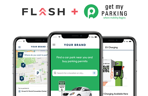 FLASH and Get My Parking Logos with three smart phone screens showing a map, a search bar and an EV charger