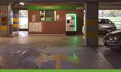 Information kiosk and parking machine inside a parking garage