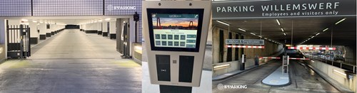 Two images with the entrance to the parking garage and one image with the IP Parking screen