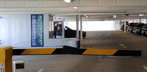 image of a parking garage with LED matrix displays