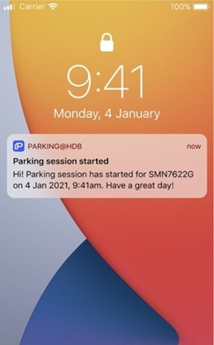 Phone screenshot displays the time (10.41) and a notification to say a parking session has begun.