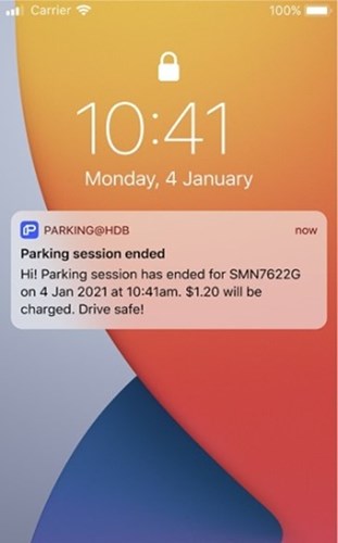 Phone screenshot displays the time (10.41) and a notification to say a parking session has ended.