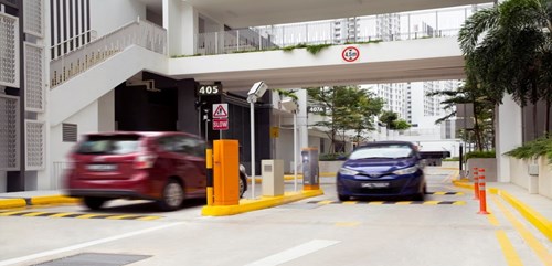 Barrierless parking, such as this at Punggol Northshore Residences improve service and improve hygiene. Cars Entering and exiting a barrierless parking facility.