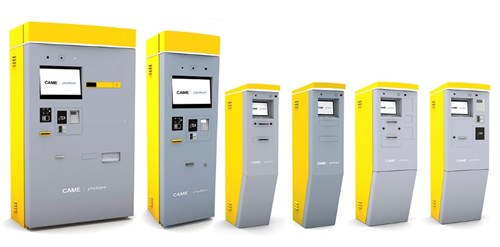 A row of six, yellow parking payment machines in a range of sizes