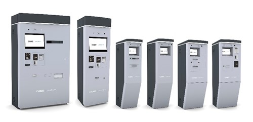 Row of six, grey parking payment machines in various sizes