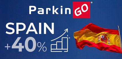ParkinGO logo with Spanish flag and graph icon showing 40% increase