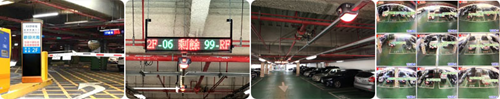 4 photos showing parking garage entrance with barriers, parking guidance display, parking guidance red light and a screen with 9 CCTV images
