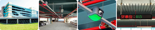 4 photos: multistory parking garage, interior of a garage with bays, green parking guidance light, LED display