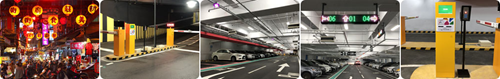 Five images: night market, parking barrier, interior or parking garage, dynamic signs showing parking spaces, parking barrier with camera