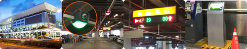 4 images show exterior of railway station, a PGS light, LED sign and car finder kiosk