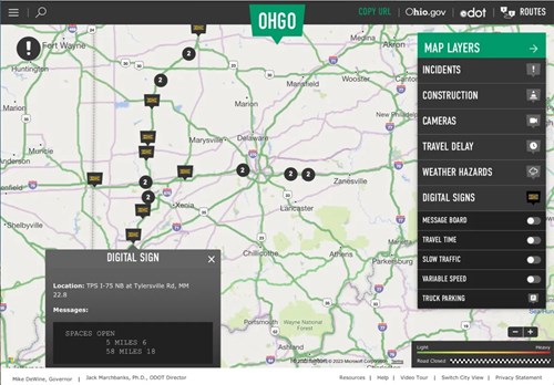 image of Ohio ODOT ohgo website with truck rest stop parking information