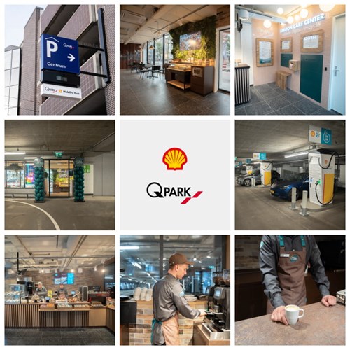 collage image from Q-Park and Shell opening first mobility hub in The Hague