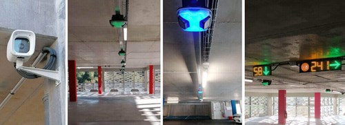 4 images in one showing cameras and sensors in parking gaarages