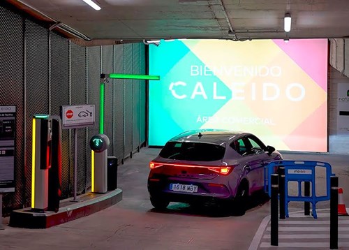 Car entering Madrid's Torre Caleido.