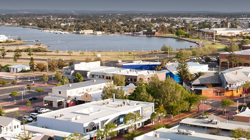 Aerial view of Bunbury, showing water and streets
