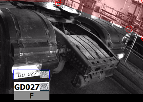 Illustration of the specific difficulties in reading license plates from the rear and the performance achieved despite these challenges thanks to the new generation SURVISION ANPR sensors (plate read correctly, but characters masked to prevent vehicle identification).