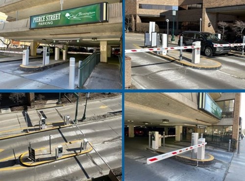 Collage of four images showing the entry and exit lanes of a parking garage