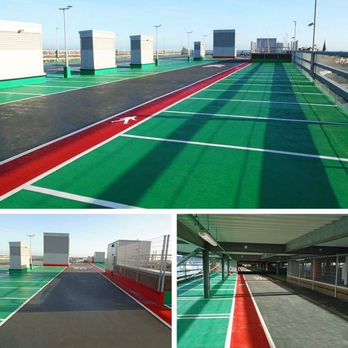 3 image of car par roof and interior with green parking bays and red pedestrian path