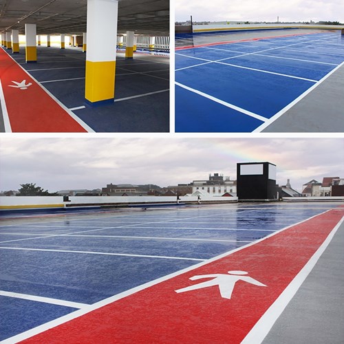 Once the asphalt had been removed, Triflex ProPark was installed. Collage of three images of a parking garage, showing rooftop and interior coated in colorful waterproofing