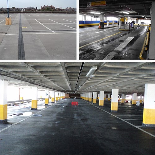 Collage of three images showing dilapidated parking garage, featuring rooftop and exit and entry barriers