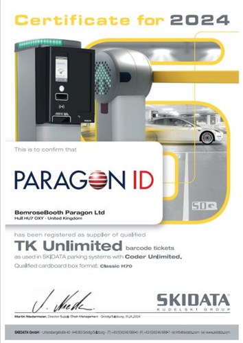 We are delighted to announce the continuation of Paragon ID’s partnership with SKIDATA as a registered certified supplier for barcoded tickets utilised in SKIDATA parking systems for 2024.