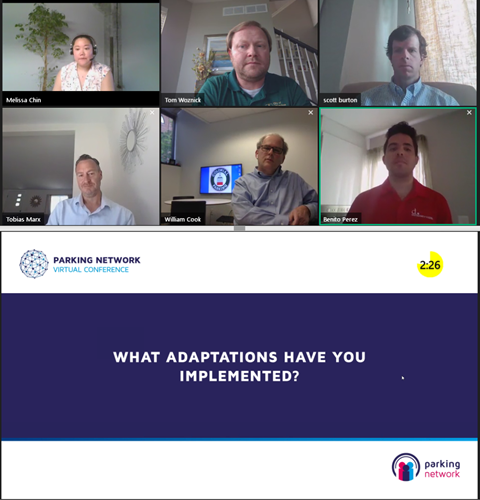 Screenshot of an online meeting showing 6 panelists and a question.