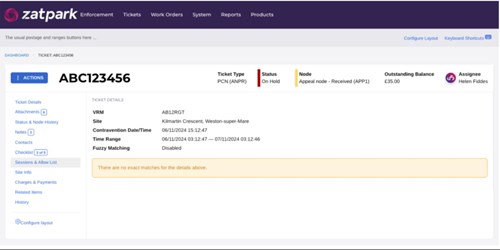 Zatpark ticket view error detection