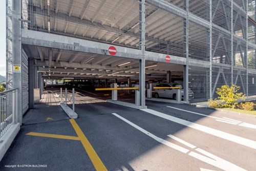 The steel construction of the parking facility was equipped with around 1,531 meters of INTEGRA-pw 1143 multi-story parking safety barrier  Entrance to the parking garage